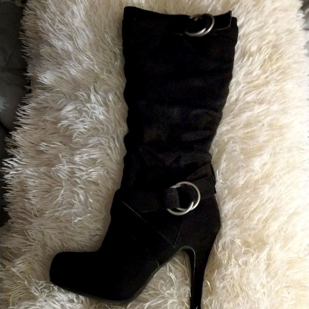 Women's Ladies Mid Calf Knee High Zip Up With Buckles, High Heel Boot, Size 6